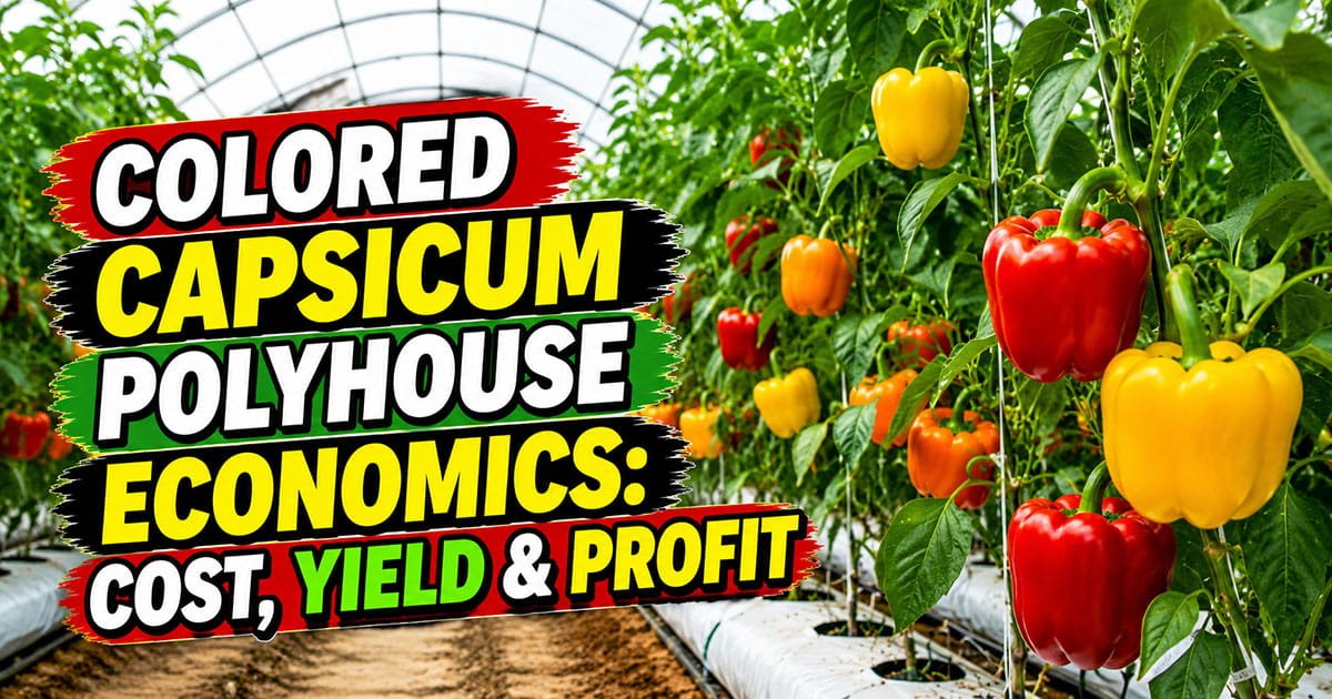Colored capsicum plants growing inside a modern polyhouse under protected cultivation