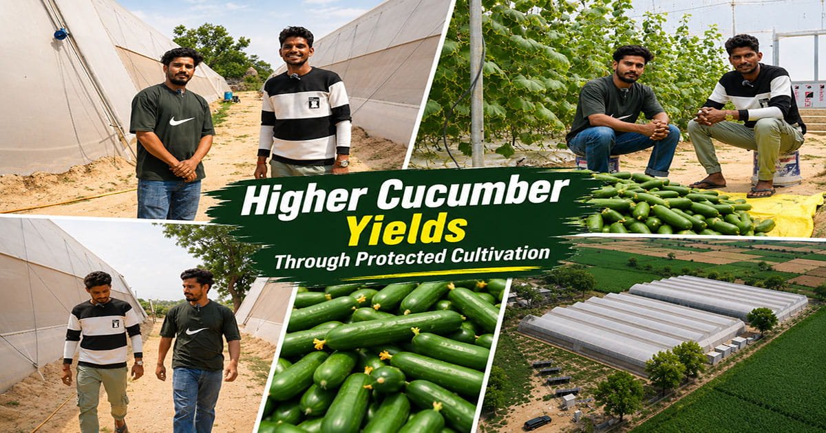 Lokesh Kumar and Digambar Singh managing cucumber crops inside a 2-acre AgriFirst polyhouse