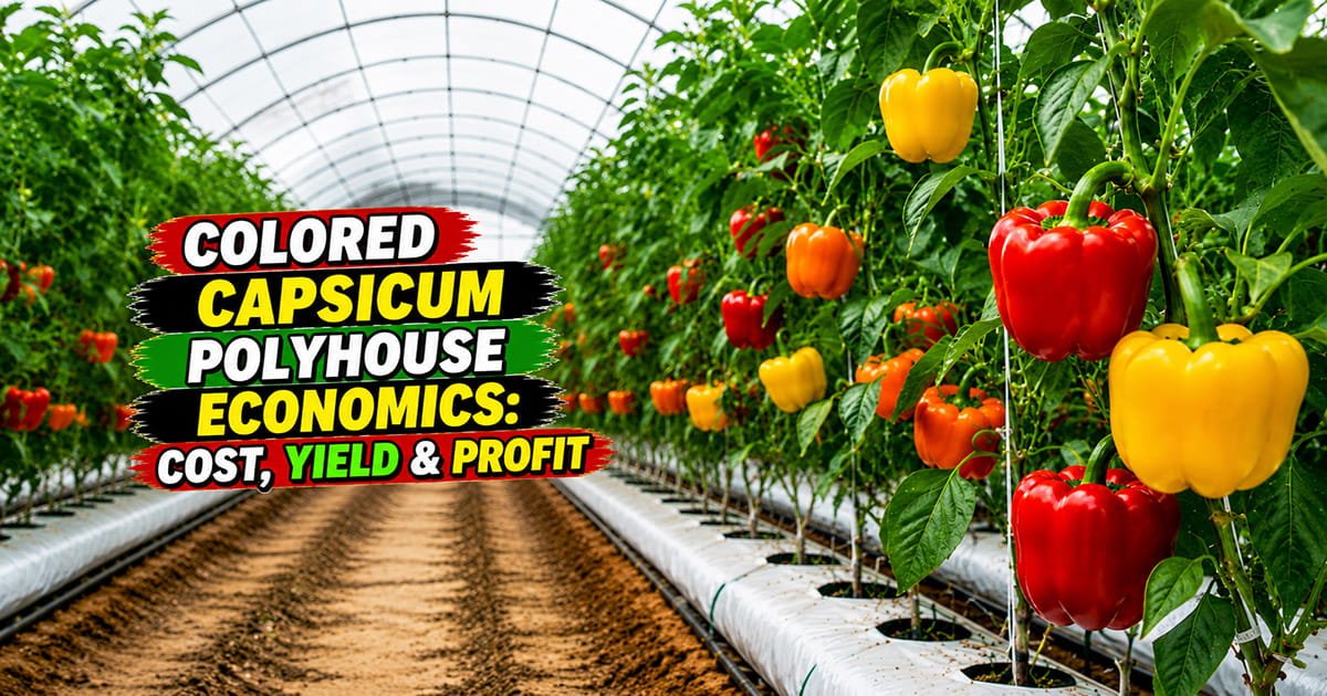 Colored capsicum plants growing inside a modern polyhouse under protected cultivation