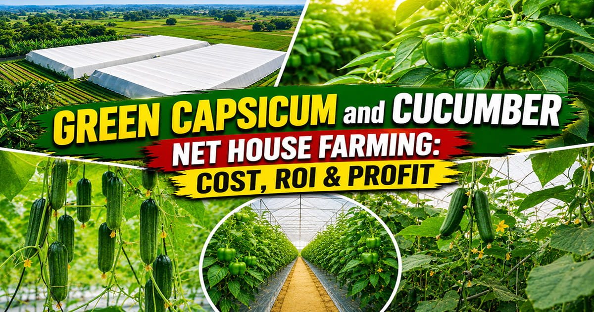 Green Capsicum and Cucumber growing inside a commercial net house