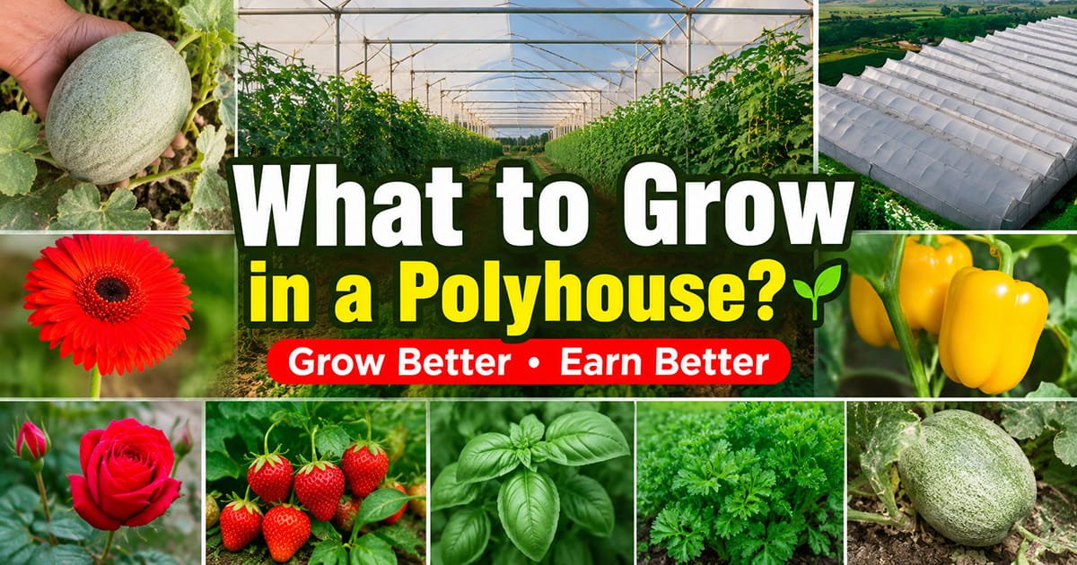 Best crops for polyhouse farming in India including capsicum, cucumber, muskmelon, gerbera, rose, carnation, strawberry, basil and parsley