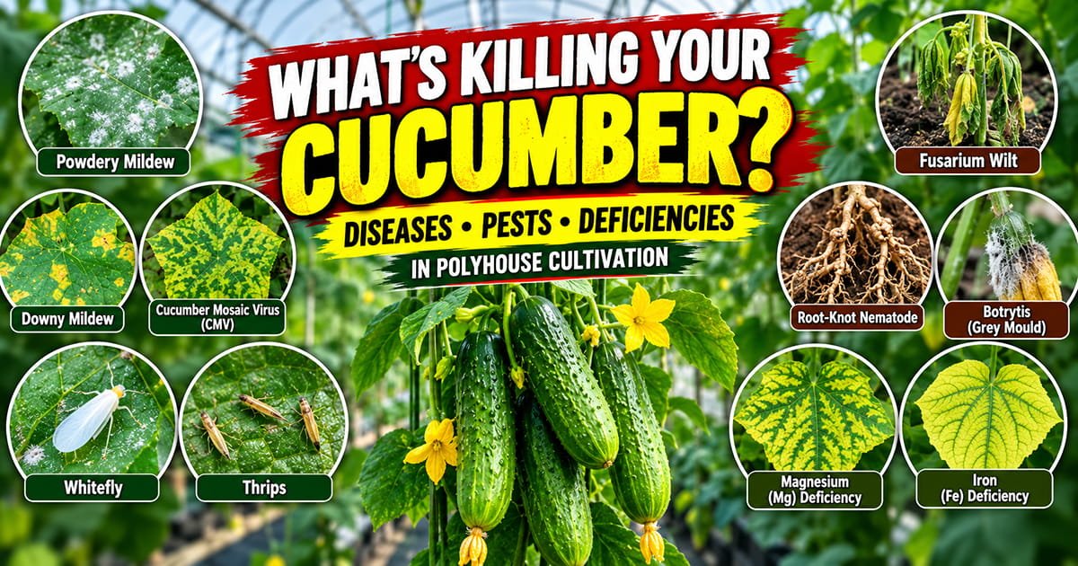 Cucumber diseases, pests and nutrient deficiencies in polyhouse cultivation, including powdery mildew, downy mildew, Fusarium wilt, CMV, whitefly, thrips, root-knot nematode, Botrytis, magnesium and iron deficiency symptoms.