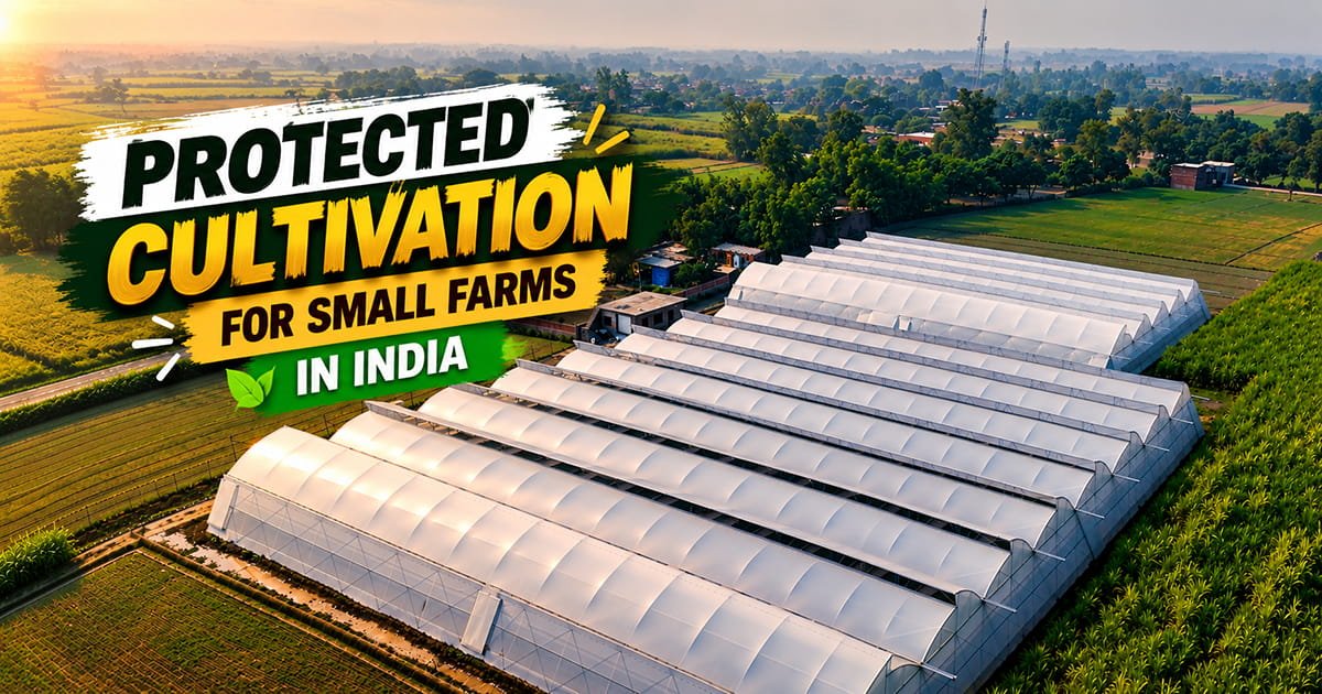 Protected cultivation for small farms in India showing polyhouses, greenhouse crops, cost, water, land, market, risks and subsidy planning.