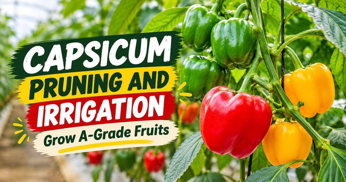 Capsicum pruning and irrigation for growing A-Grade fruits in a polyhouse, featuring healthy red, yellow, and green capsicum plants.
