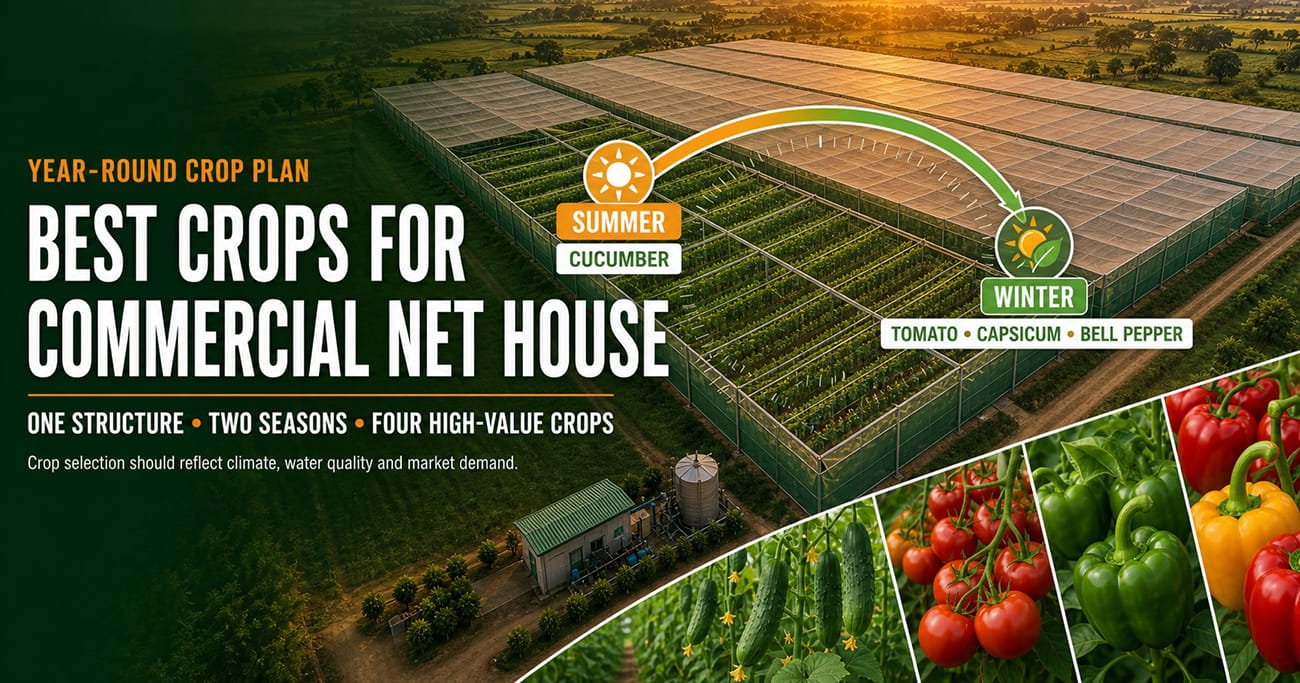 High-value crops for commercial net house farming - cucumber, tomato, capsicum and bell pepper