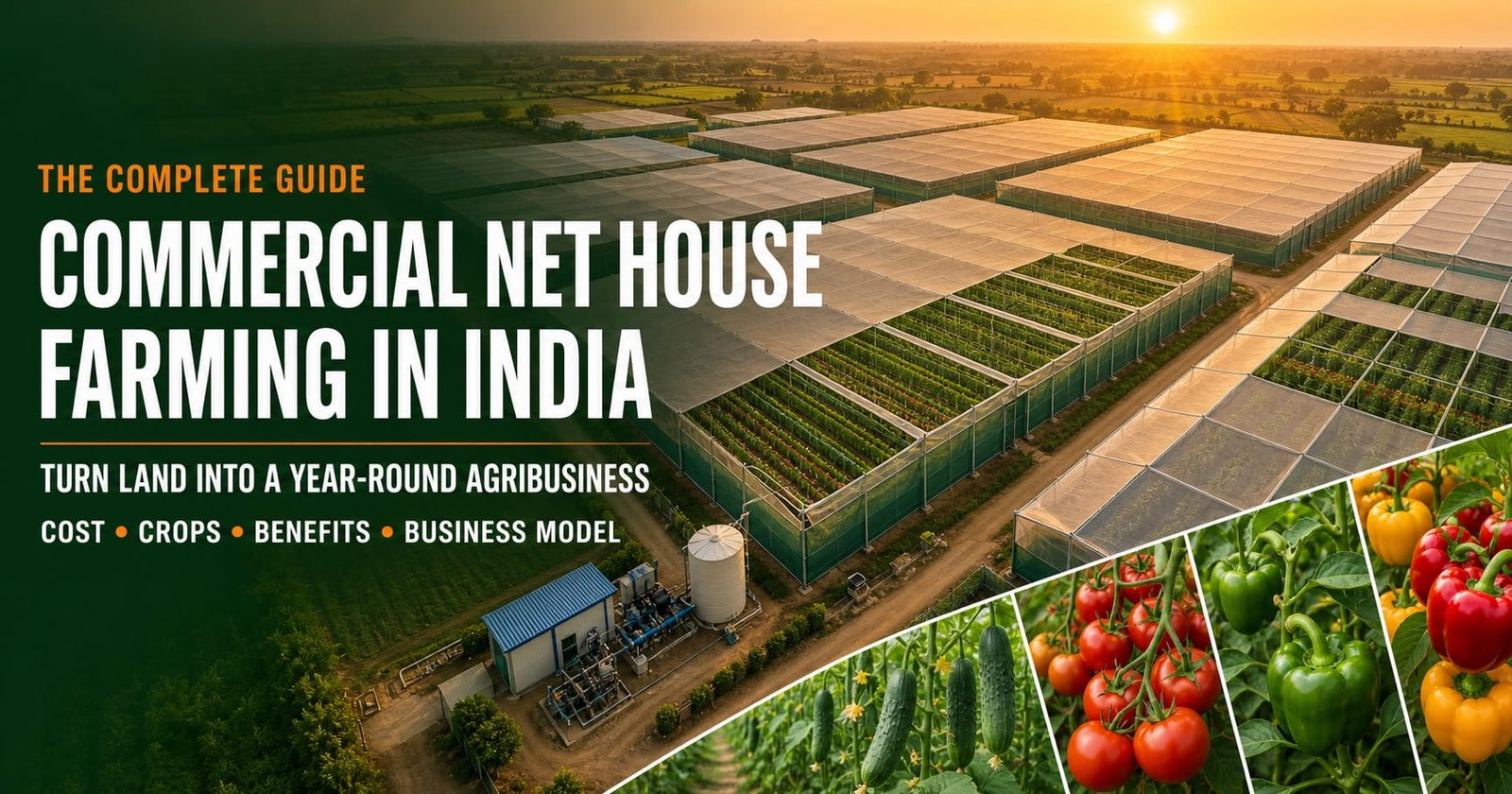 Commercial net house farm in India with rows of cucumber under shade netting