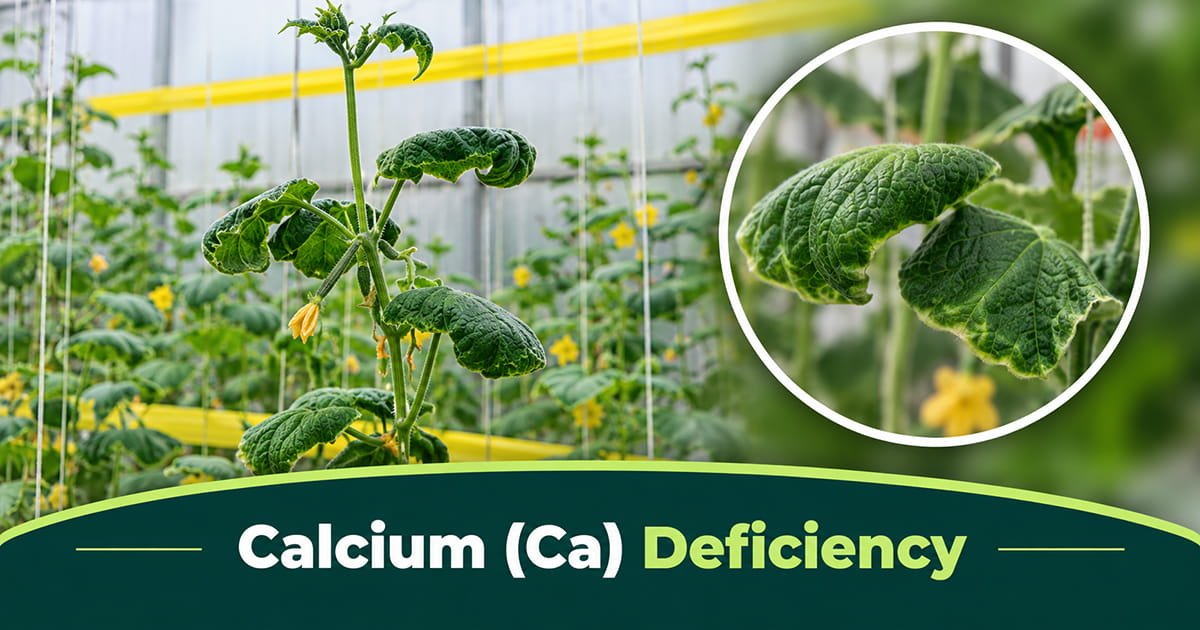 Calcium deficiency symptoms on cucumber fruit and leaves in polyhouse