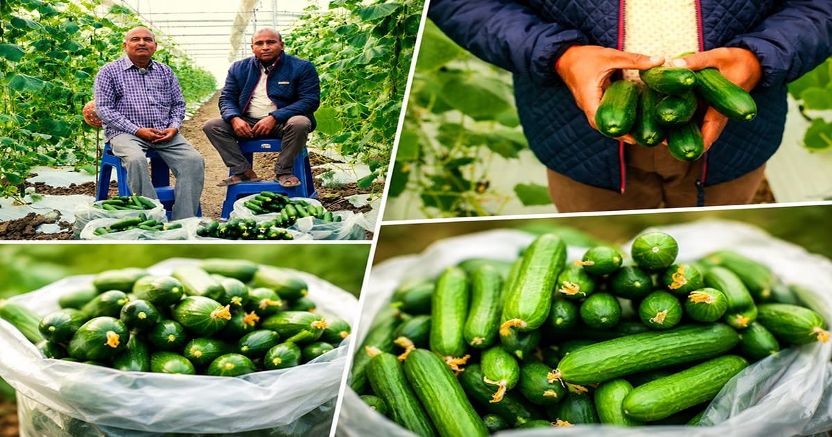 Freshly harvested seedless cucumbers collected from a commercial polyhouse