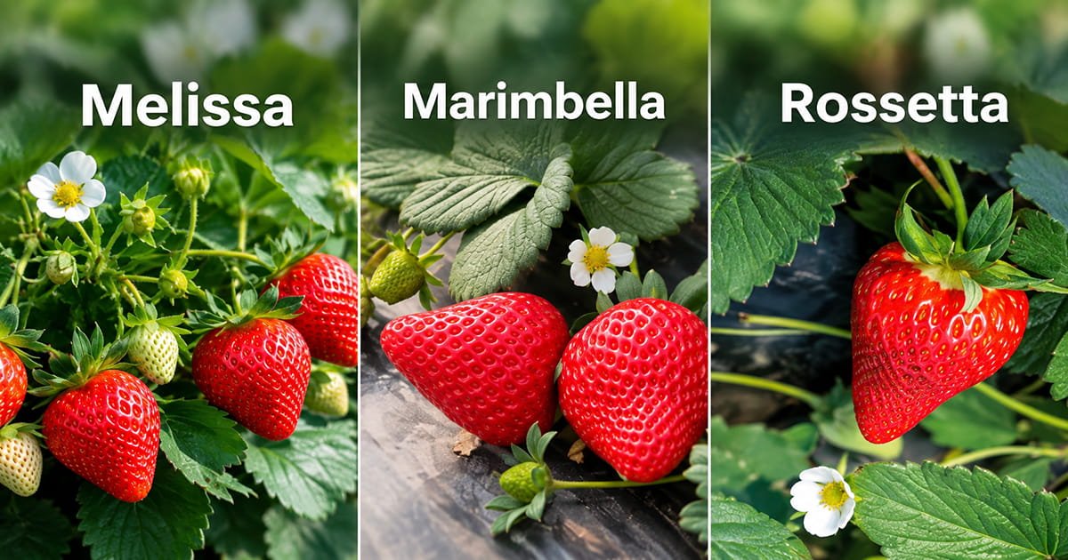 Melissa, Marimbella and Rossetta strawberry varieties grown for commercial strawberry cultivation and protected farming.