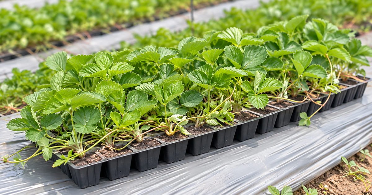Healthy strawberry plants growing in nursery trays, ready for transplanting and protected cultivation farming.