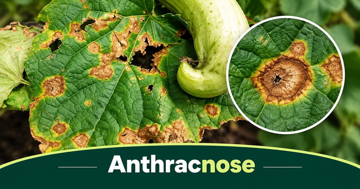 Anthracnose fungal spots on cucumber leaves and fruit in polyhouse