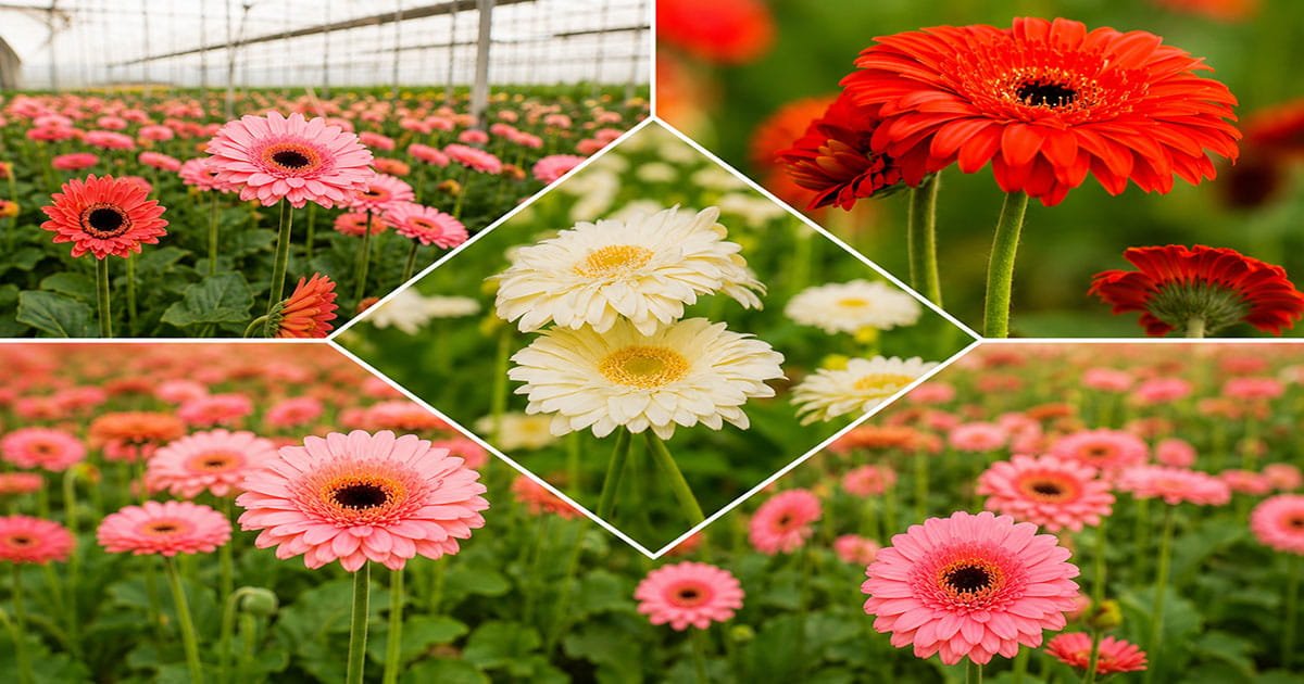 Colorful Gerbera flowers cultivated under protected farming