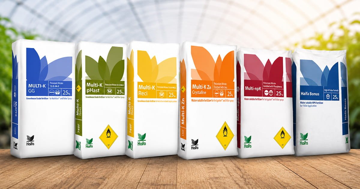 Haifa Multi-K potassium nitrate fertilizer range including Multi-K GG, pHast, Reci, Zn Crystalline, Multi-npK and Haifa Bonus for crop nutrition