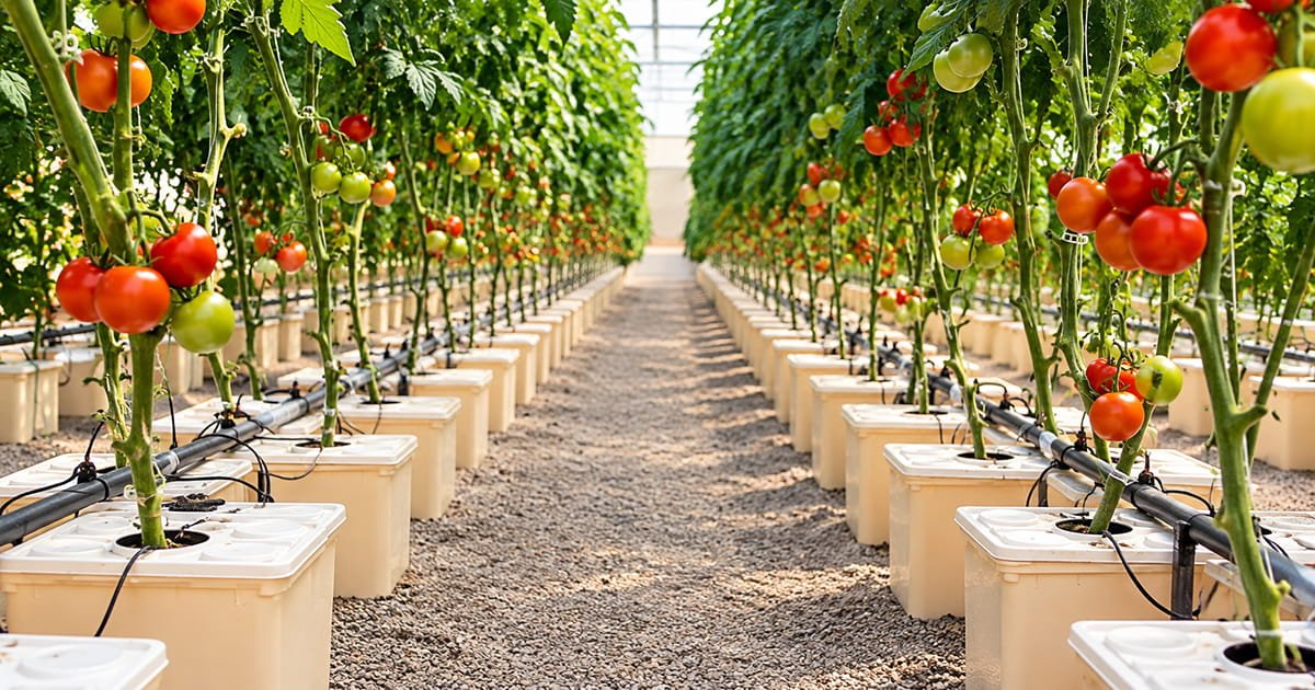 Dutch Bucket hydroponic system growing tomato and cucumber vines in an Indian polyhouse