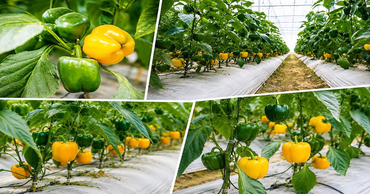 Green and yellow capsicum plants inside a commercial polyhouse