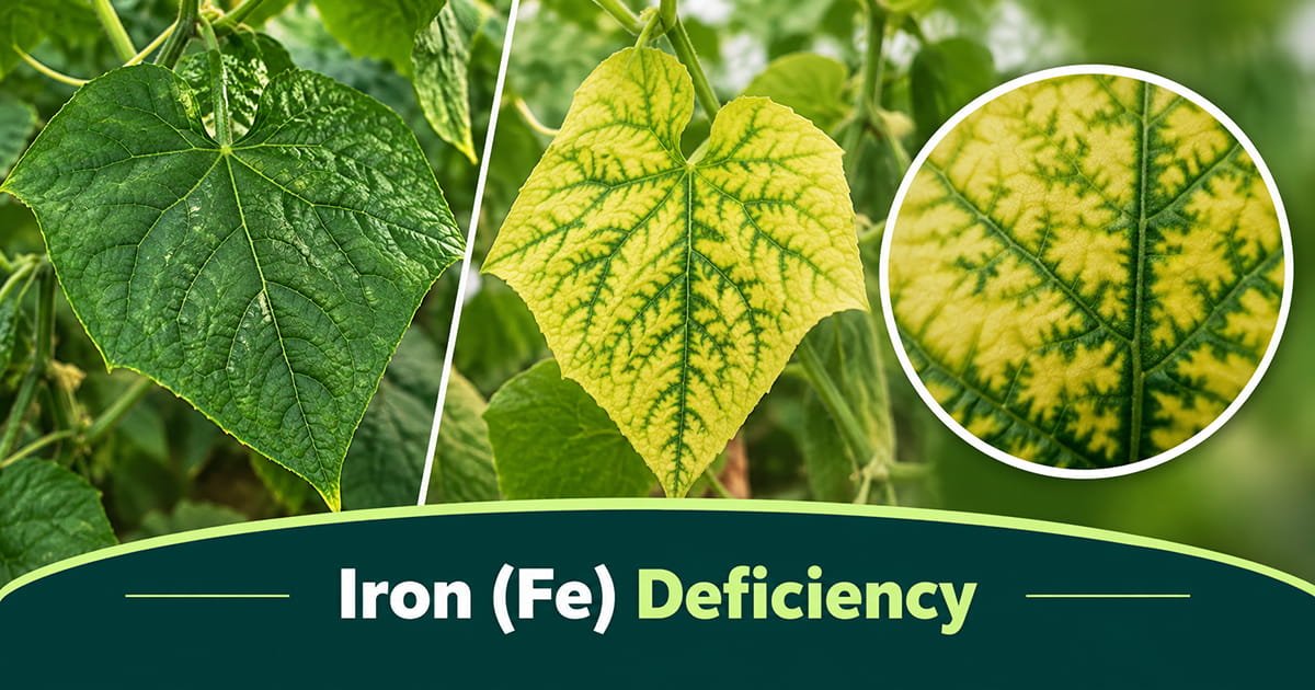 Iron deficiency chlorosis on young cucumber leaves in polyhouse