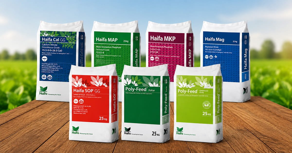Haifa water soluble fertilizer range featuring Haifa Cal GG, Haifa MAP, Haifa MKP, Haifa Mag, Haifa SOP GG, Poly-Feed Foliar and Poly-Feed GG.