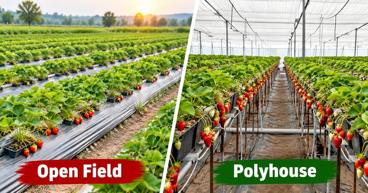 Open field vs polyhouse farming comparison for strawberry cultivation and controlled crop production