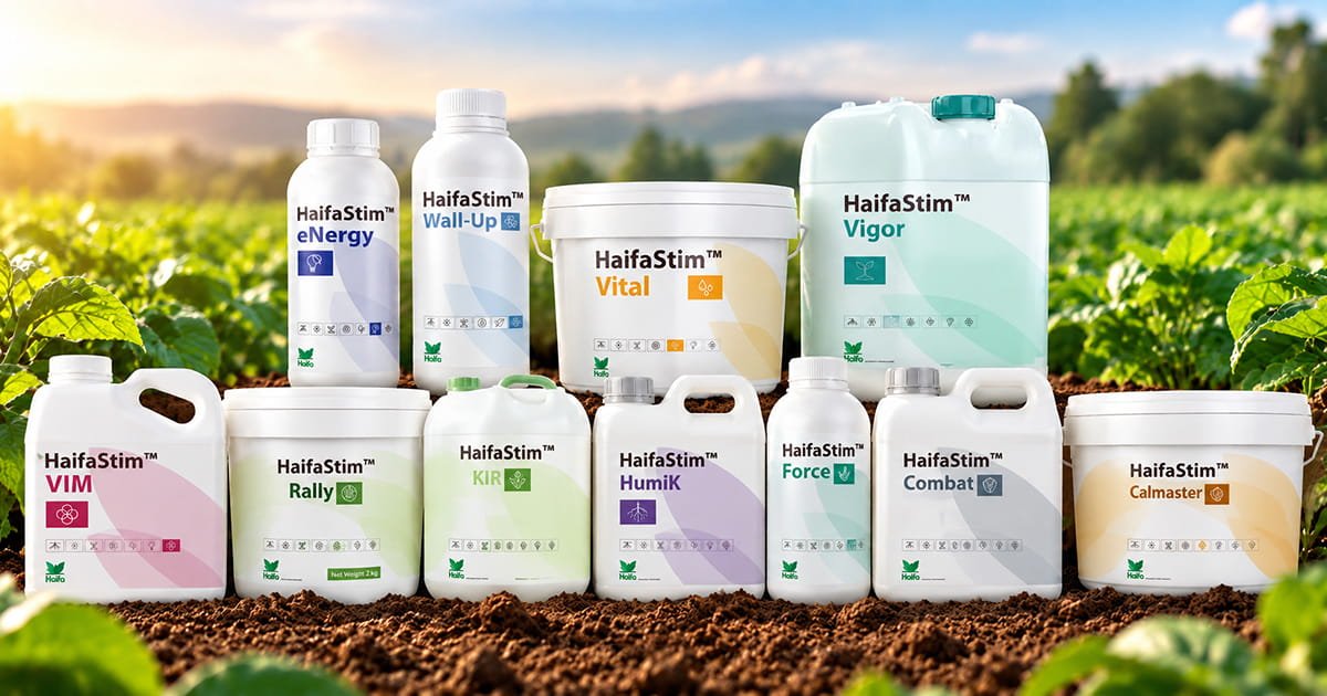HaifaStim biostimulants product range including Energy, Wall-Up, Vital, Vigor, Vim, Rally, KIR, Humik, Force, Combat and Calmaster for crop growth and plant performance.
