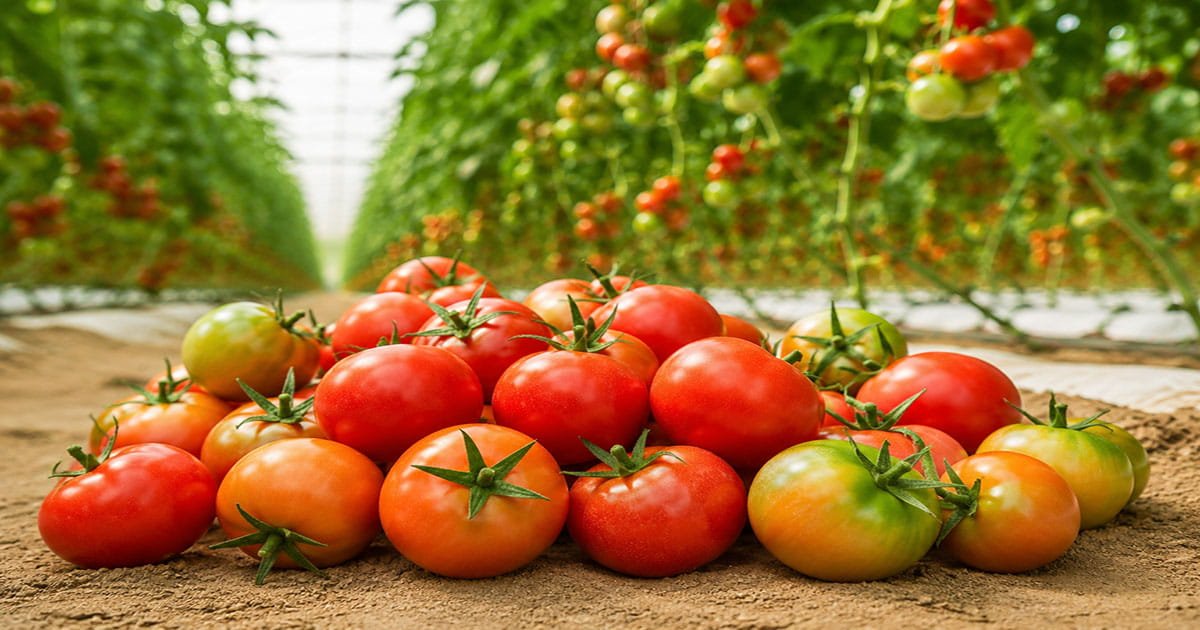 Freshly harvested tomatoes from a polyhouse under protected cultivation
