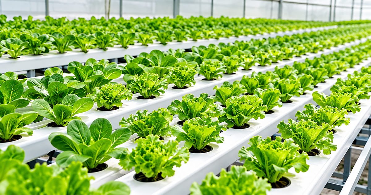 NFT hydroponic system with leafy greens growing in tilted channels in an Indian polyhouse