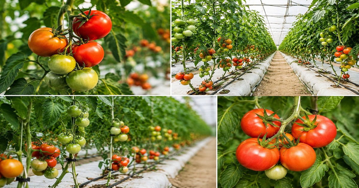 Tomato plants growing inside a polyhouse under protected cultivation