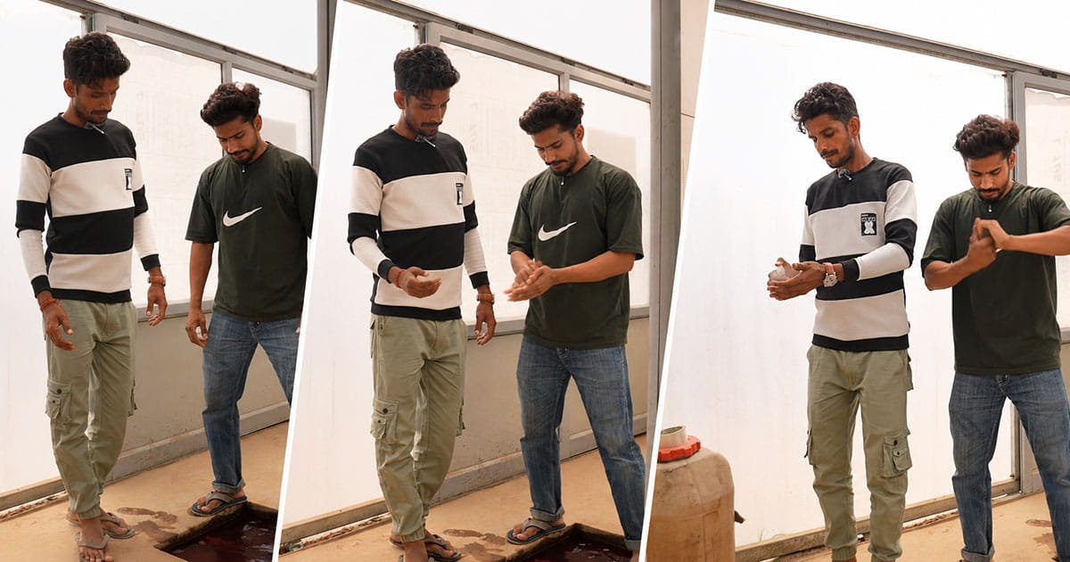 Workers following hygiene protocols before entering a cucumber polyhouse