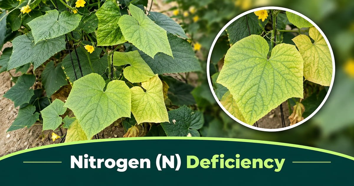 Nitrogen deficiency yellowing leaves in polyhouse cucumber plant